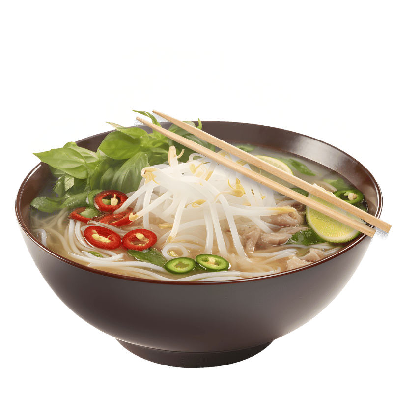 Bowl of Vietnamese pho with beef, bean sprouts, fresh herbs, lime, and red chili slices, served with chopsticks on top.