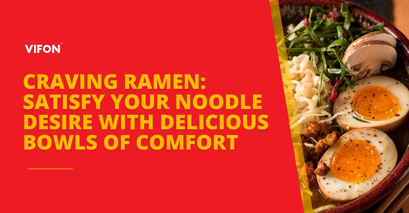 Bowl of ramen with soft-boiled eggs, mushrooms, and fresh greens, next to bold red and yellow “Craving Ramen” text.