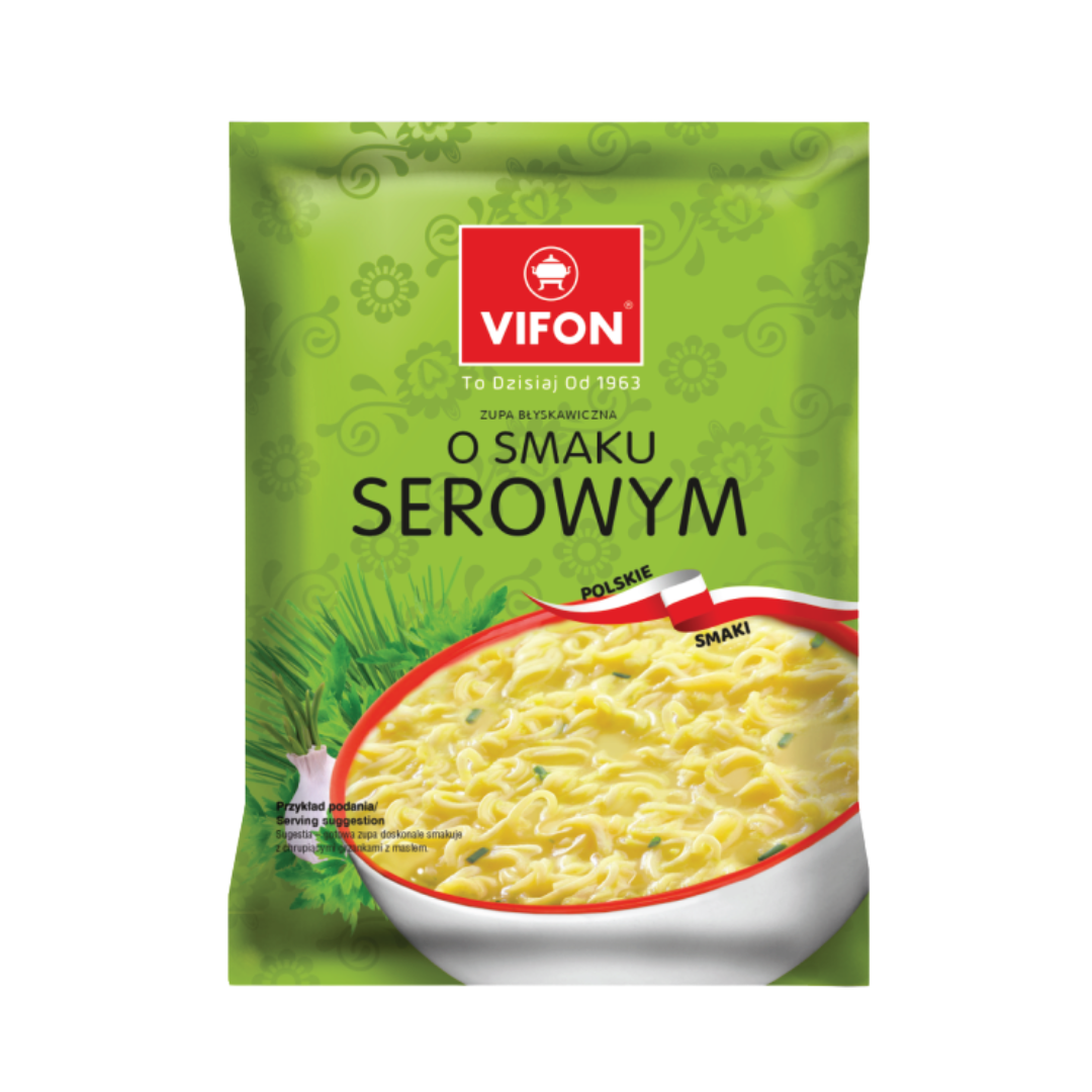 Vifon Instant Noodles Cheese Vifon O Smaku Serowym – green packaging of cheese-flavoured instant noodle soup with parsley, garlic, and a bowl of creamy noodles.