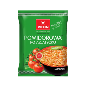 Vifon Pomidorowa Po Azjatycku – green packaging for mild tomato instant noodle soup with Asian-inspired flavor and ripe tomatoes.
