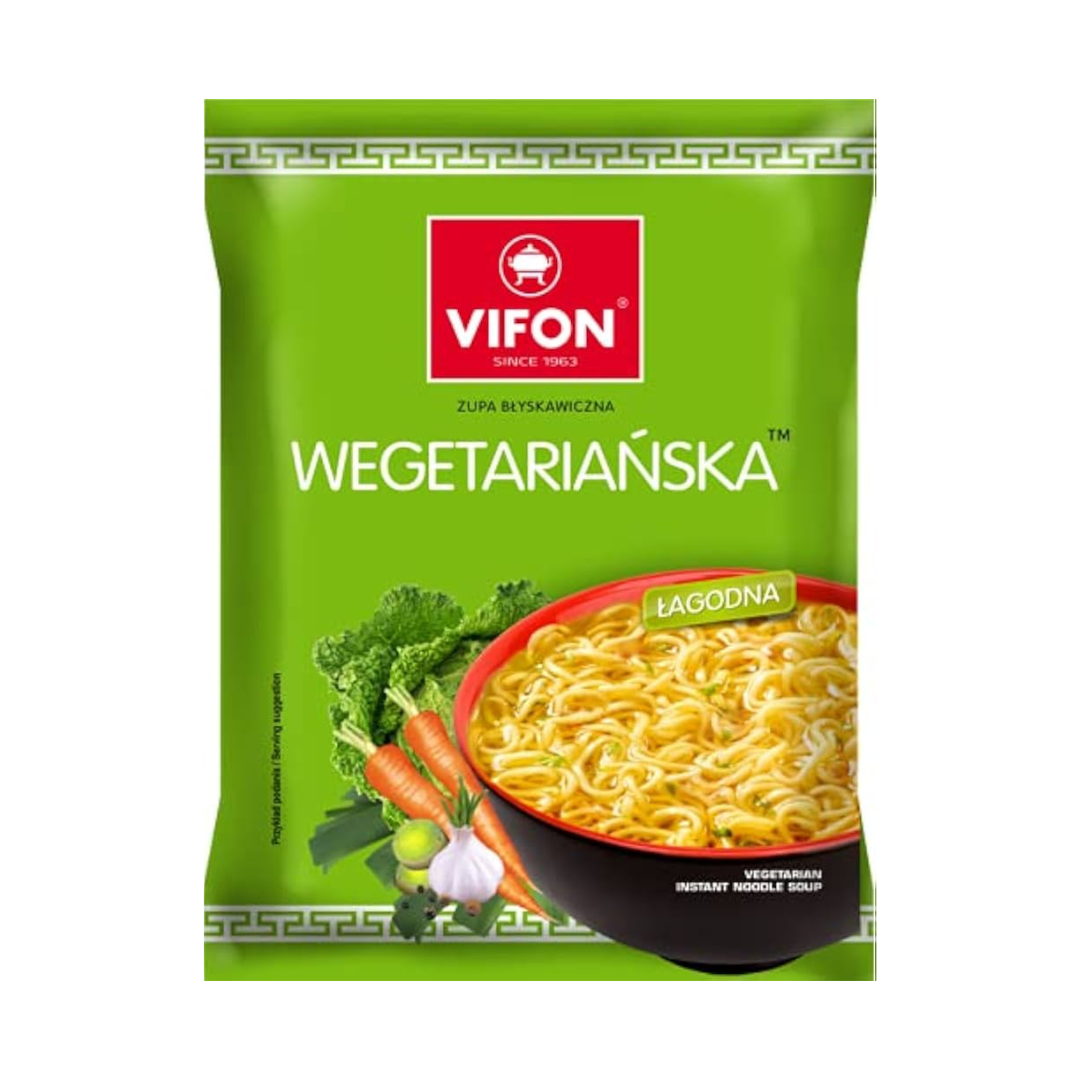 Vifon Instant Noodles Vegetarian Vifon Wegetariańska instant noodle soup – green packaging with mild flavor, featuring garlic, carrots, peas, and greens.