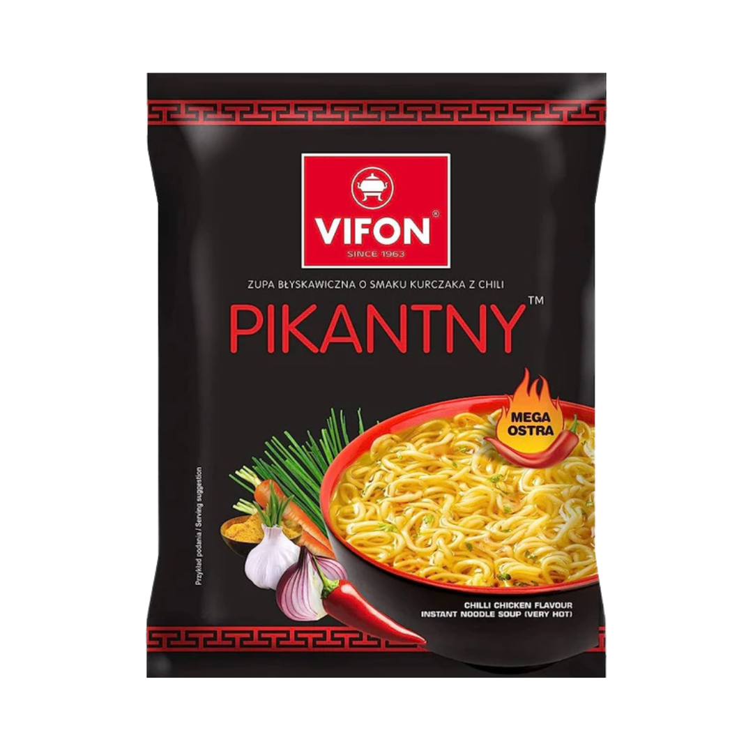 Vifon Instant Noodles Chilli Chicken Vifon Pikantny – black packaging of chili chicken instant noodle soup with garlic, spring onion, chili peppers, and a bowl of spicy noodles.