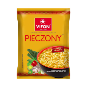 Vifon Pieczony – orange packaging of barbecue chicken instant noodle soup with garlic, spring onion, parsley, and a bowl of slightly spicy noodles.