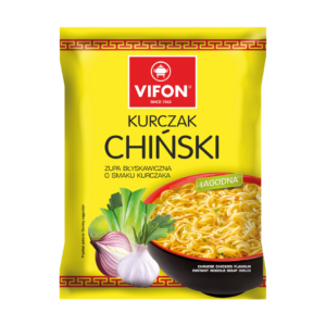 Vifon Kurczak Chiński – yellow packaging of Chinese chicken instant noodle soup with spring onion, garlic, and a bowl of noodles.