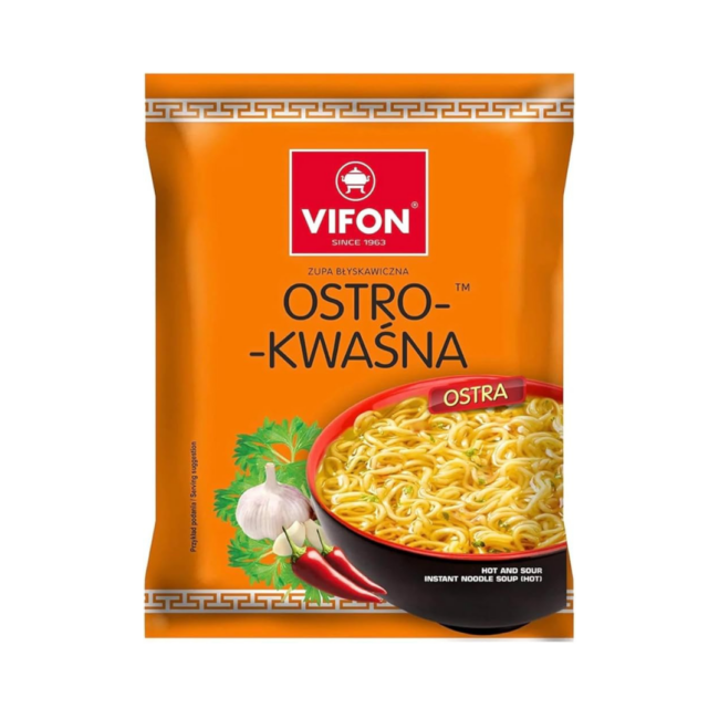 Vifon Ostro-Kwasna – orange packaging of hot and sour instant noodle soup with chili, garlic, and herbs beside a bowl of noodles.