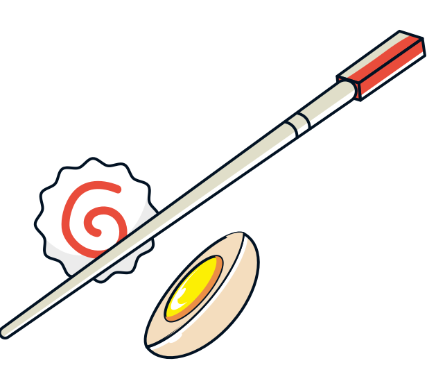 Illustration of ramen toppings with chopsticks, narutomaki, and soft-boiled egg – Japanese noodle dish elements.
