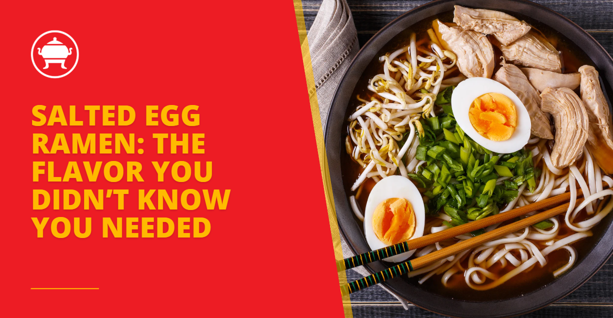 Bowl of salted egg ramen with sliced chicken, soft-boiled eggs, bean sprouts, and green onions, served with chopsticks on a dark surface.
