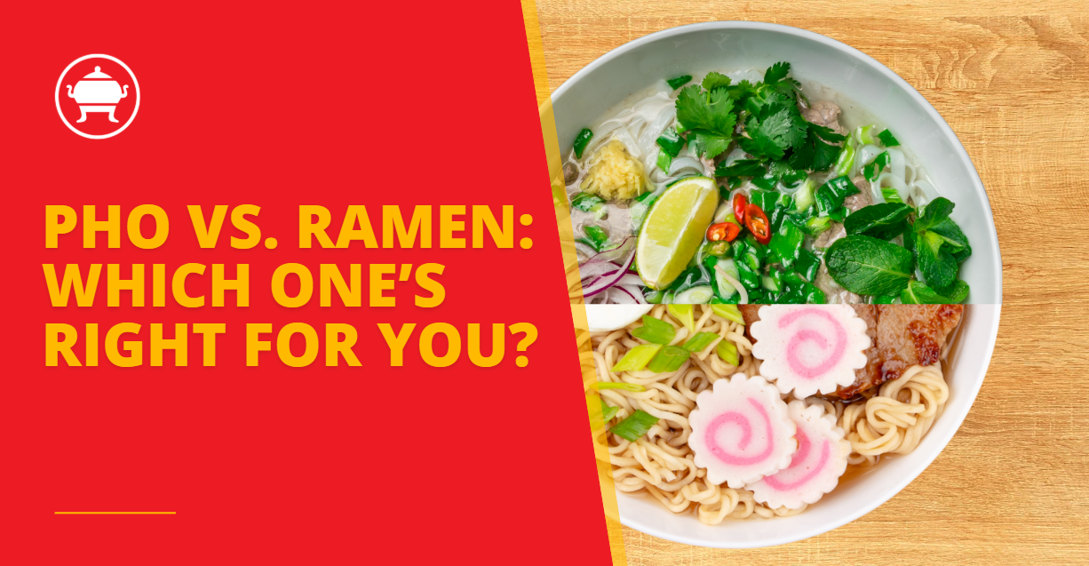 Pho vs. ramen comparison with a split bowl image and bold red text asking, “Which one’s right for you?”