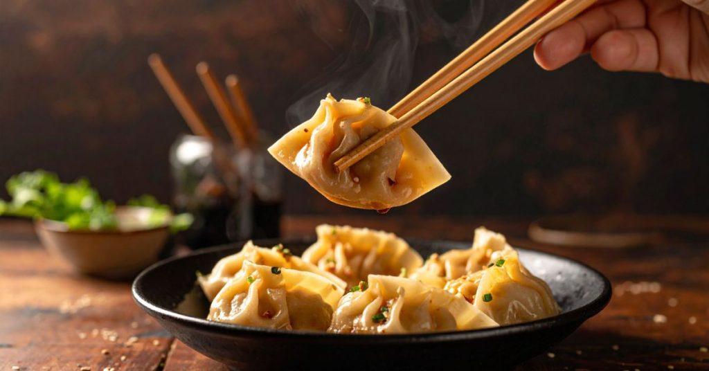 Wonton dumplings in soup showing protein and carb balance
