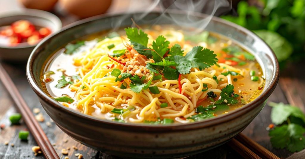 Chewy Vietnamese egg noodles in hot broth.