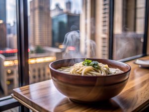 Best Vietnamese Food in London: Where Tradition Meets Modern Taste Steaming bowl of noodles with a city skyline in the background.
